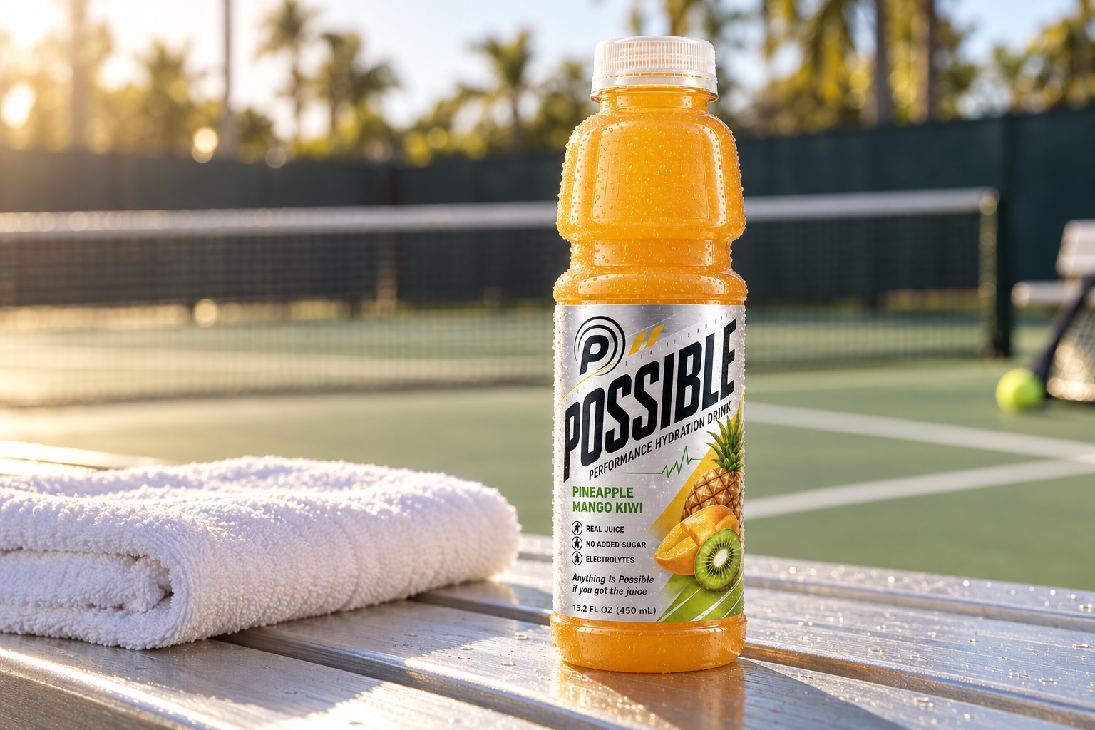 A chilled POSSIBLE bottle beside a towel on a sunny court