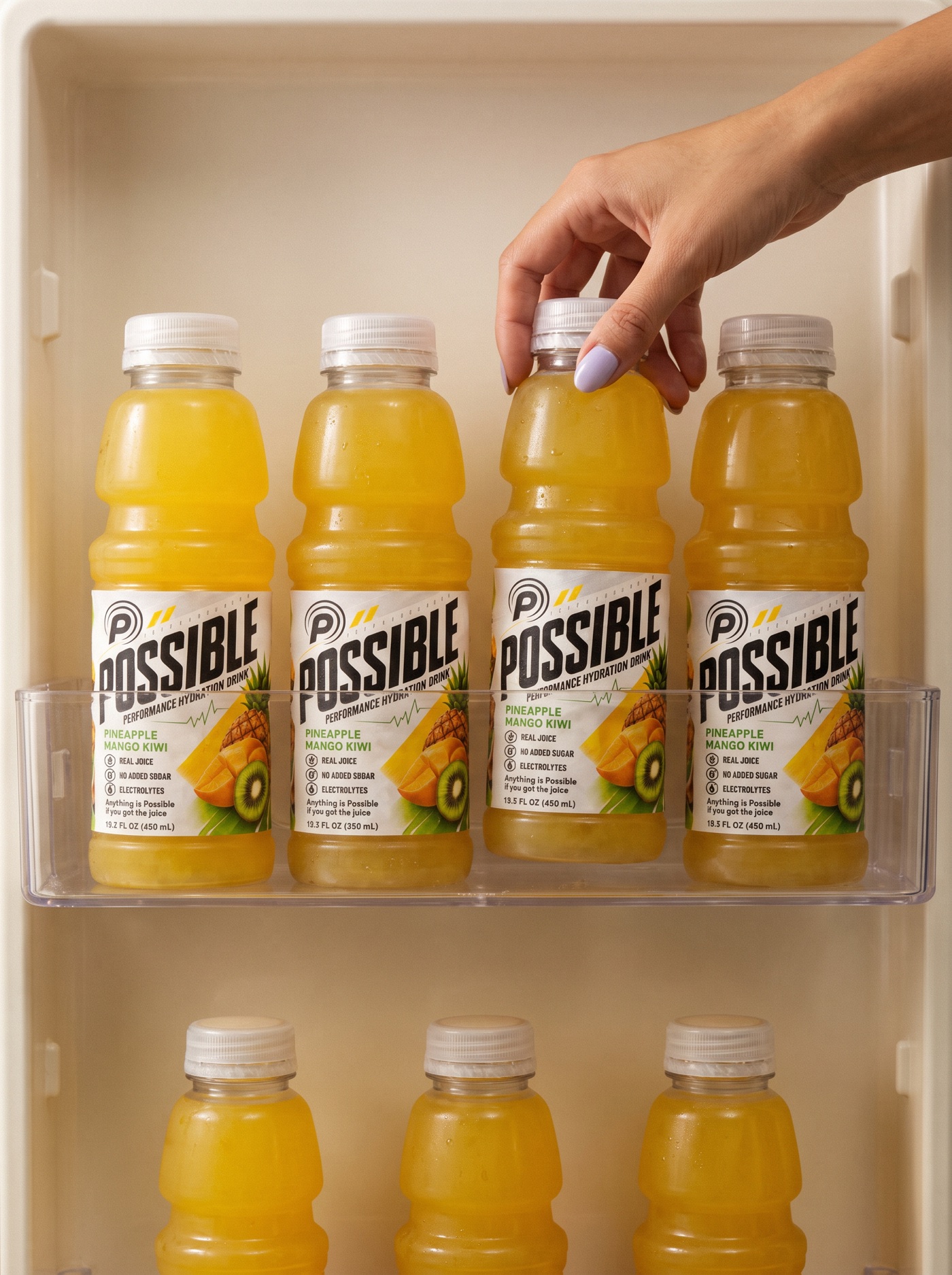 A hand reaching for a POSSIBLE Pineapple Mango Kiwi bottle in a refrigerator