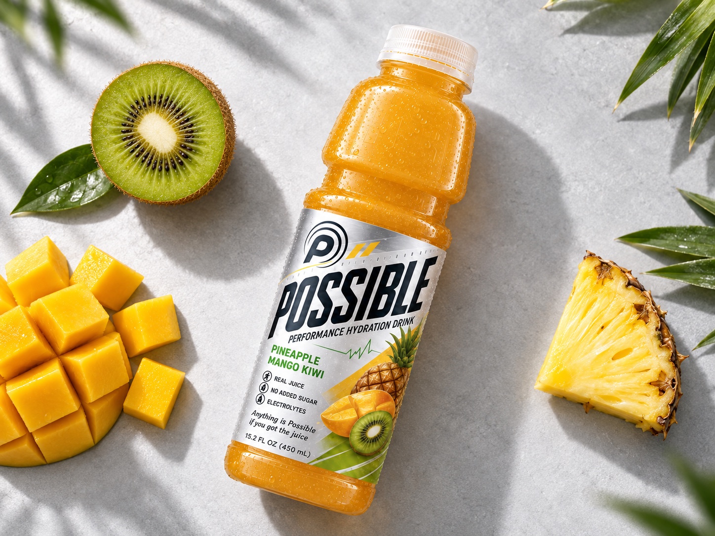 Overhead view of a POSSIBLE bottle with fresh kiwi, mango cubes, and pineapple on a silver surface