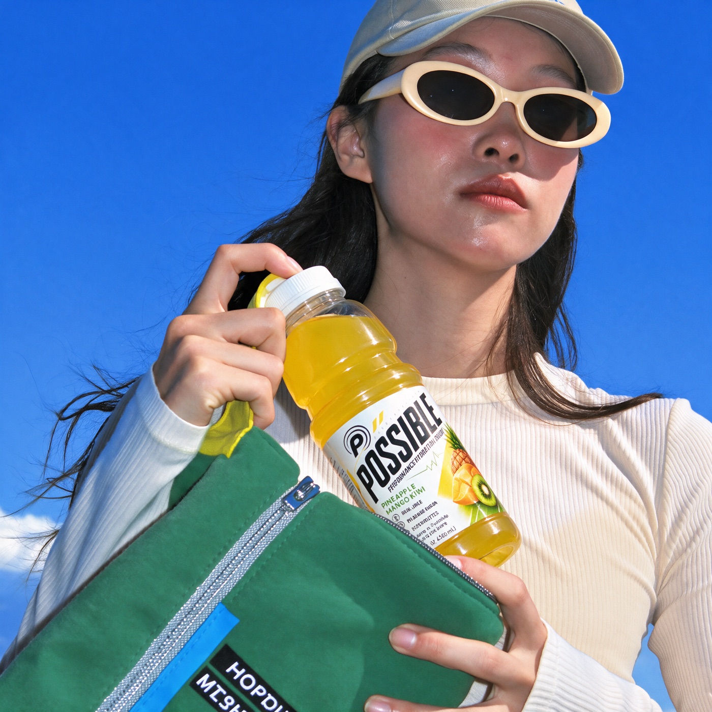 A person in sunglasses holding a POSSIBLE bottle beside a green bag against a blue sky