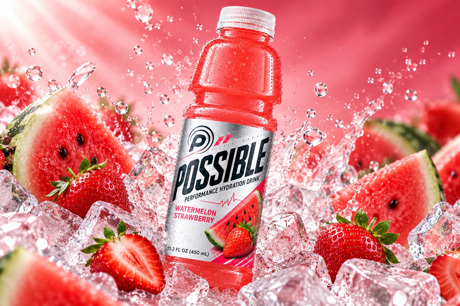 POSSIBLE Watermelon Strawberry surrounded by fruit, ice and splashing water